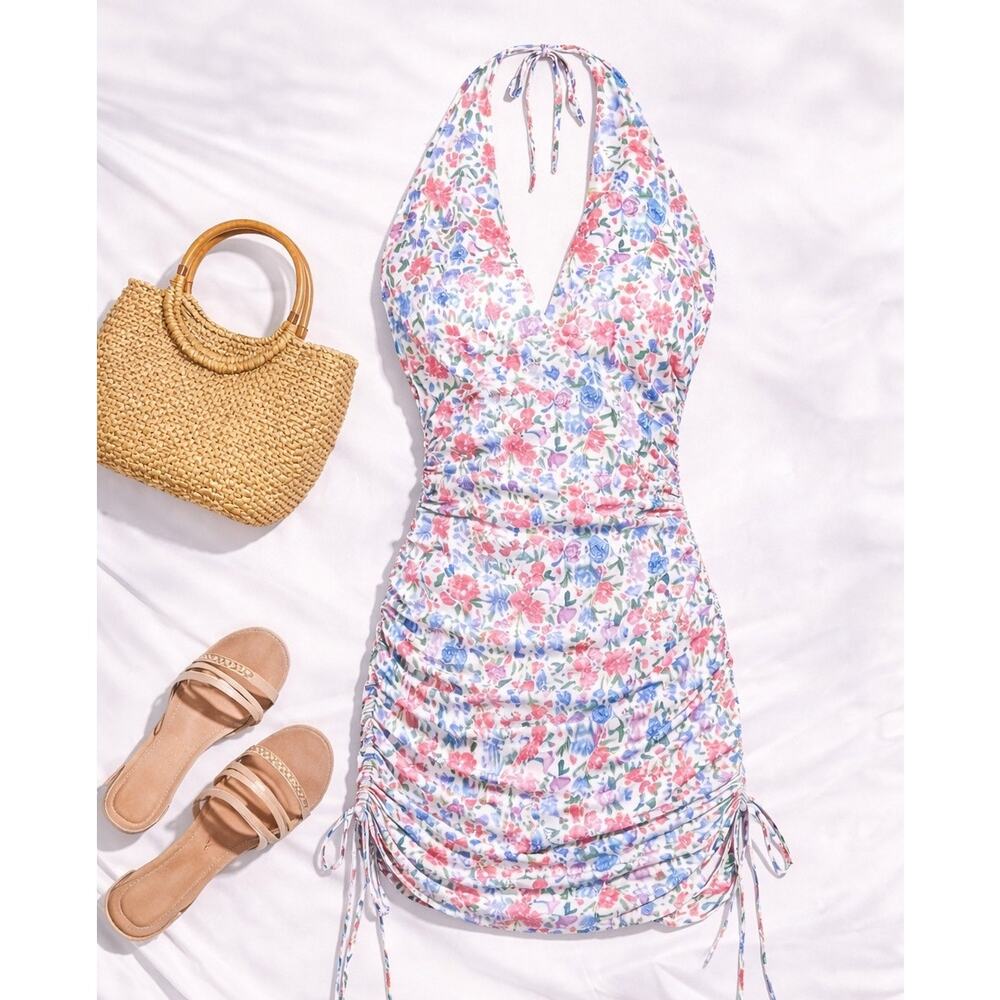 Princess Polly Floral Halter Mini Dress Size US 6 | Ruched Bodycon Summer Dress